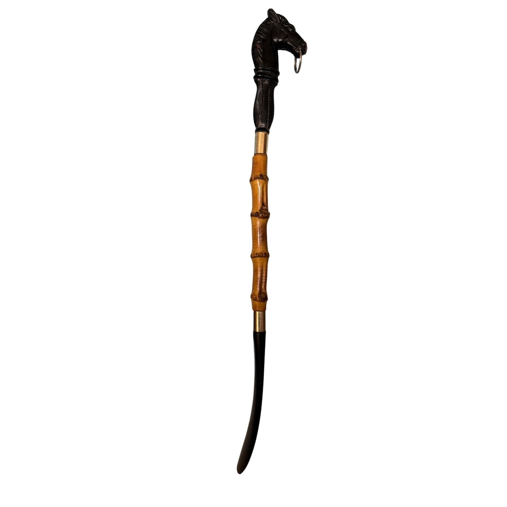 Vintage Horse Head Long Handle Shoe Horn Carved Bamboo Equestrian Decor Black